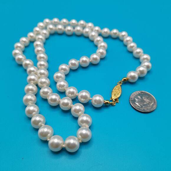 Vintage Glass Pearl Necklace, 8mm Faux Pearl Beads, 24 Inches, Hand Knotted - Picture 10 of 10